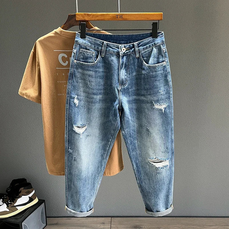New Men's Ripped Jeans Personality Fashion Tapered Hole Frayed Denim Trousers Streetwear Casual Vintage Blue Pants Male Clothes