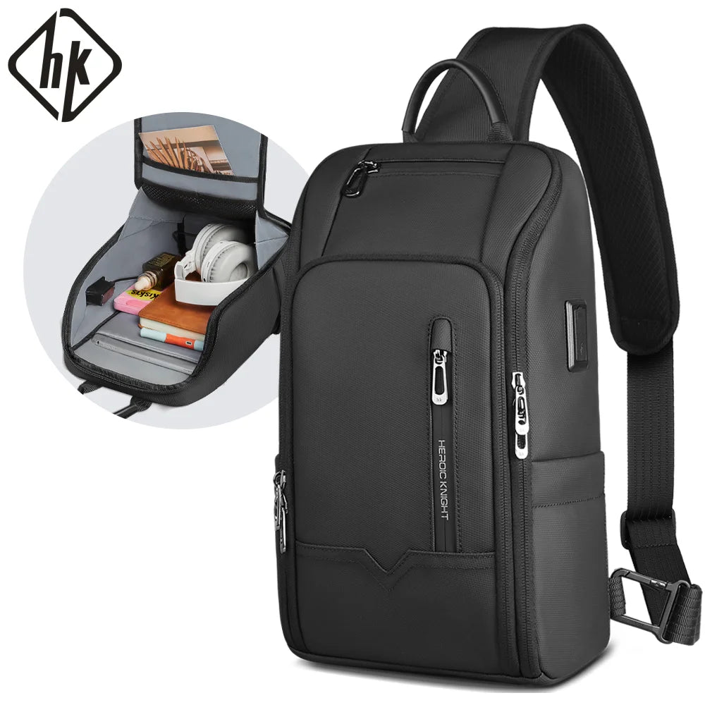 HK Anti-theft Men's Shoulder Bag Waterproof Chest Crossbody Bag with USB Oxford Leisure Satchel Multi-Pockets Sling Bag for Male