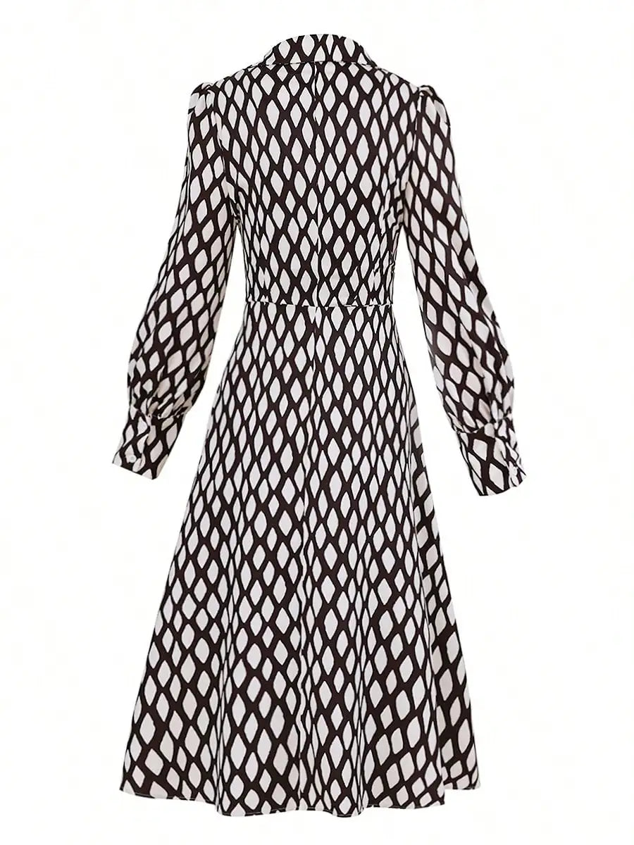 Women's V-Neck Long Sleeve Geometric Print Midi Dress, Elegant Casual Style