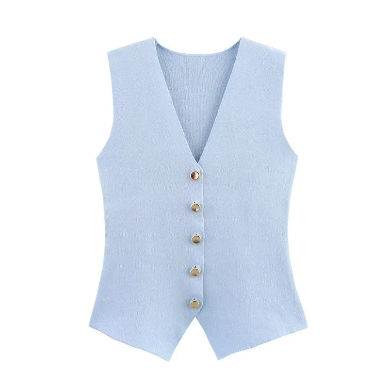 ETJ 2025 new women's elegant fashion all-match V-neck sleeveless vest jacket knitted waistcoat