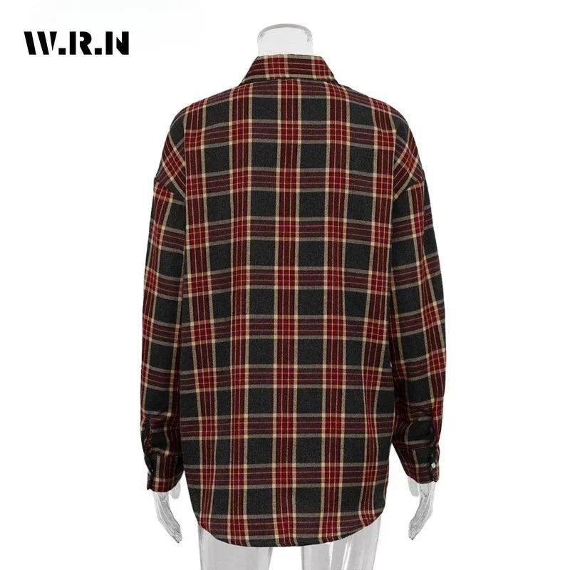 Fashion Baggy Plaid Women'S Blouse Elegant Lapel Long Sleeve Shirts And Blouses Vintage Pocket Lace-Up Top Female 2025