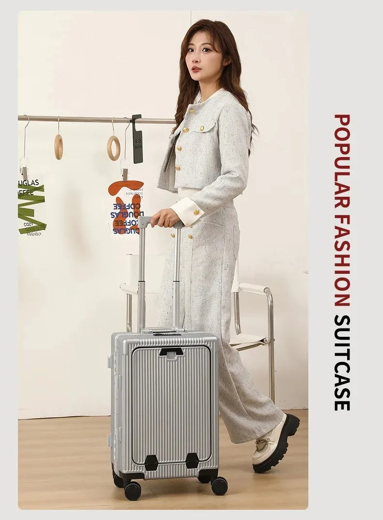 Suitcase Front Opening Pocket Aluminum Alloy Frame Rolling Luggage with USB Charging Plug Trolley Carry-on Case Bag with Wheel