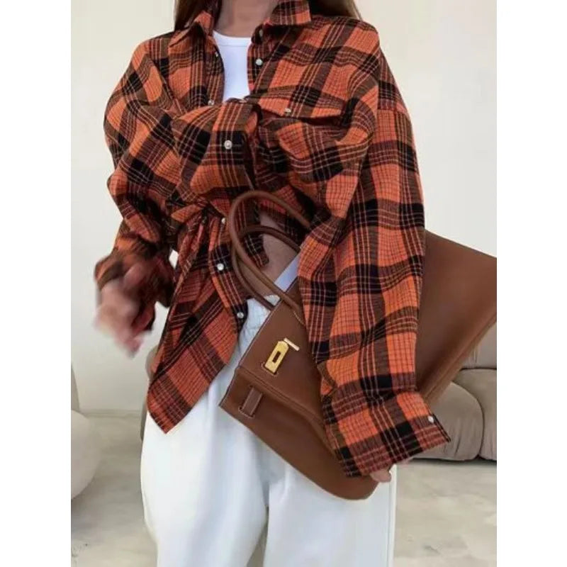 Fashion Baggy Plaid Women'S Blouse Elegant Lapel Long Sleeve Shirts And Blouses Vintage Pocket Lace-Up Top Female 2025