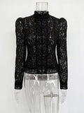 Tossy Summer Lace Printed Shirts Tops Female Hollow Out Fashion Commute Vintage See-Through Blouse Women's Lace Shrug Shirts New