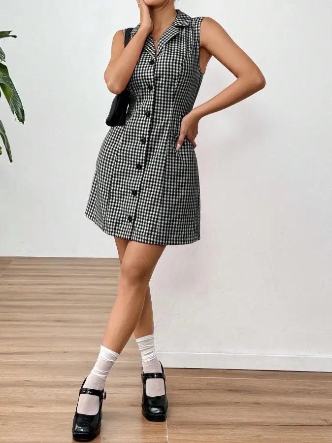 French Retro Plaid Dresses Women Summer New  Sleeveless Round Neck Button Up Cocktail Dress Female Bodycon Dresses Vestidos