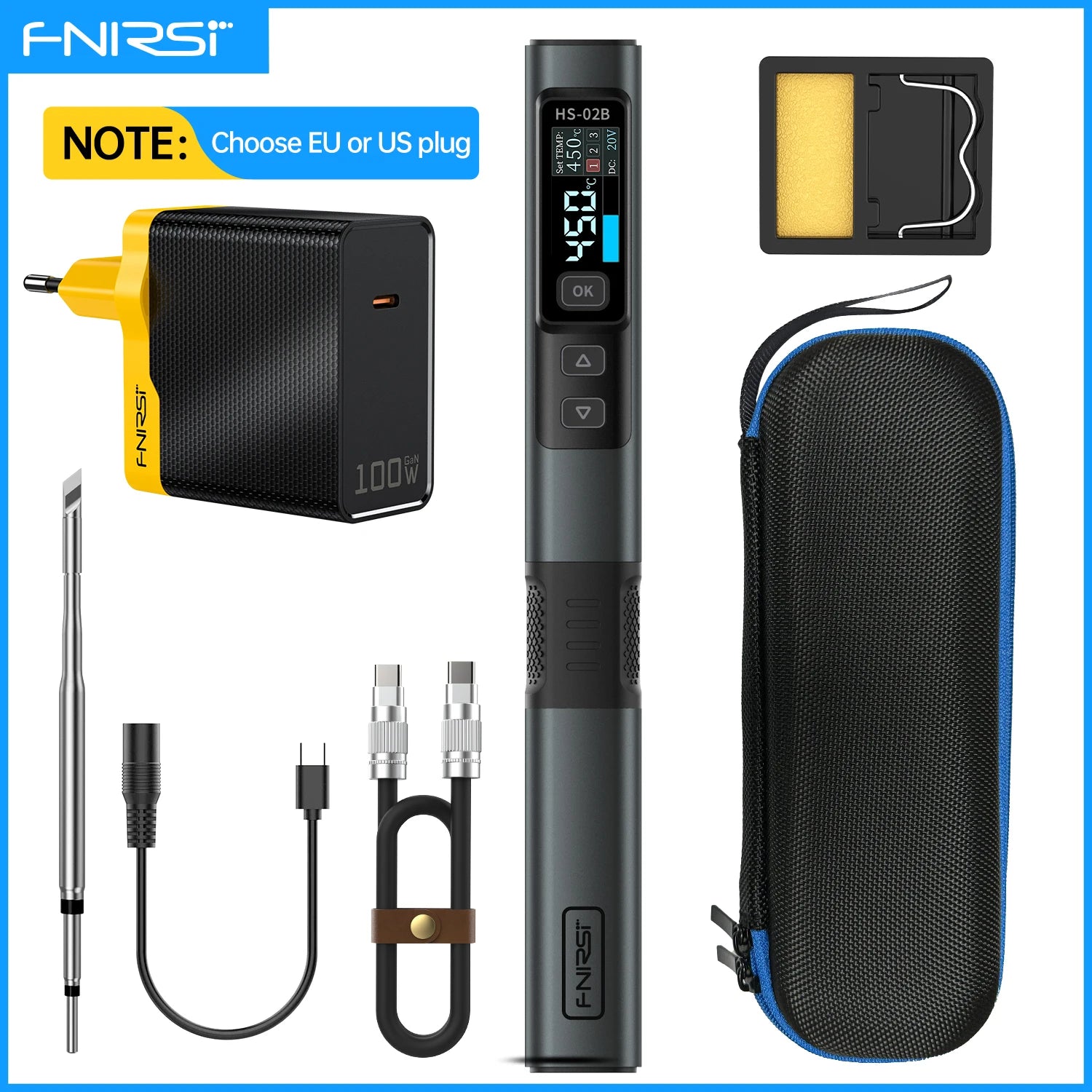 FNIRSI HS-02 Adjustable Temperature Soldering Iron DC 20V 100-450℃ Welding Solder Rework Station PD 100W Portable Repair Tool