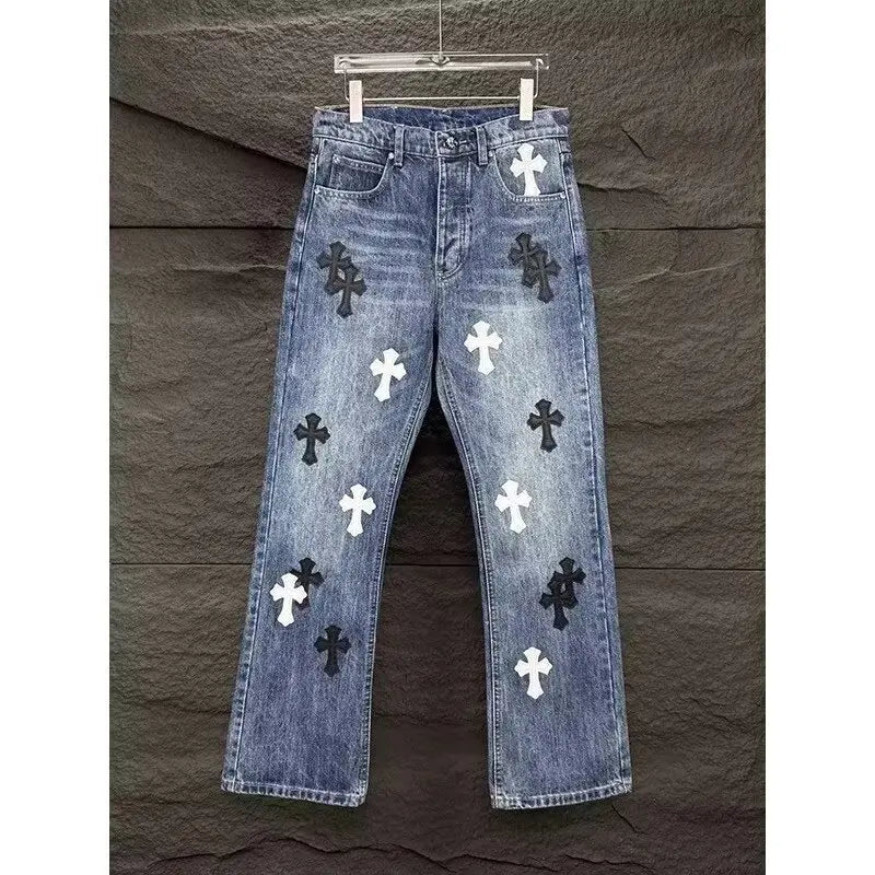 Casual Straight Leg Jeans Men's Loose Fit High Street Style Washed Denim Pants Tapered Leather Feel American Style