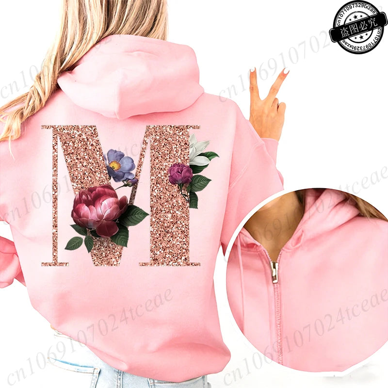 Women Zip Up Hoodies Rose Gold Letter A~Z Zipper Jackets Coats Autumn Winter Hoody Sweatshirt Fashion Casual Zip Pink Hoodie Top