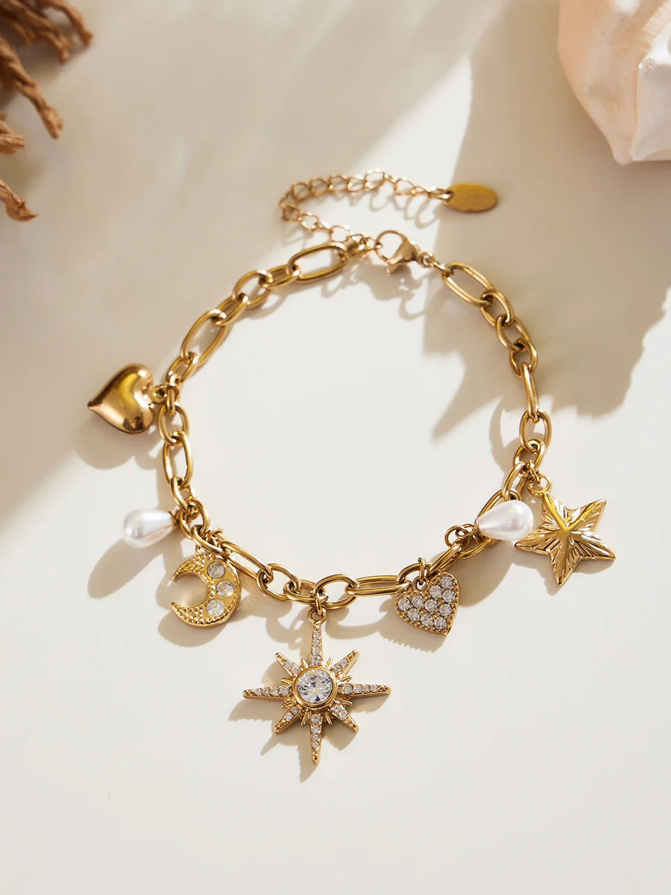 Zircon Heart, Star & Moon Jewelry Set | 18K Gold-Plated Stainless Steel Necklace & Bracelet