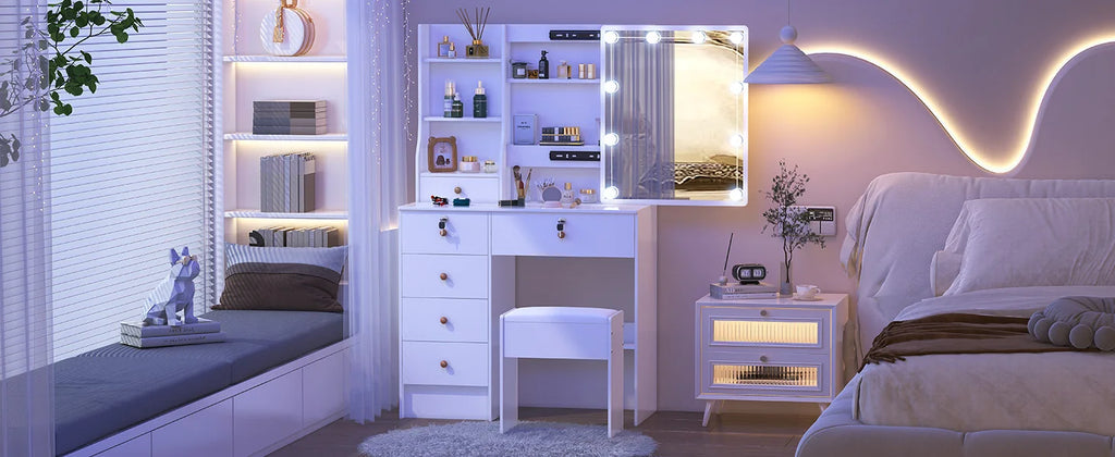 Lighted Vanity Desk Dressing Table Dresser Desk With Stool Set LED Makeup Mirror