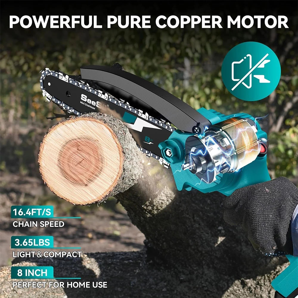 SEESII 8 Inch Electric Chainsaw Mini Cordless Chainsaw Wood Cutter Pruning Garden Power Tools For Makita 18V Battery pin