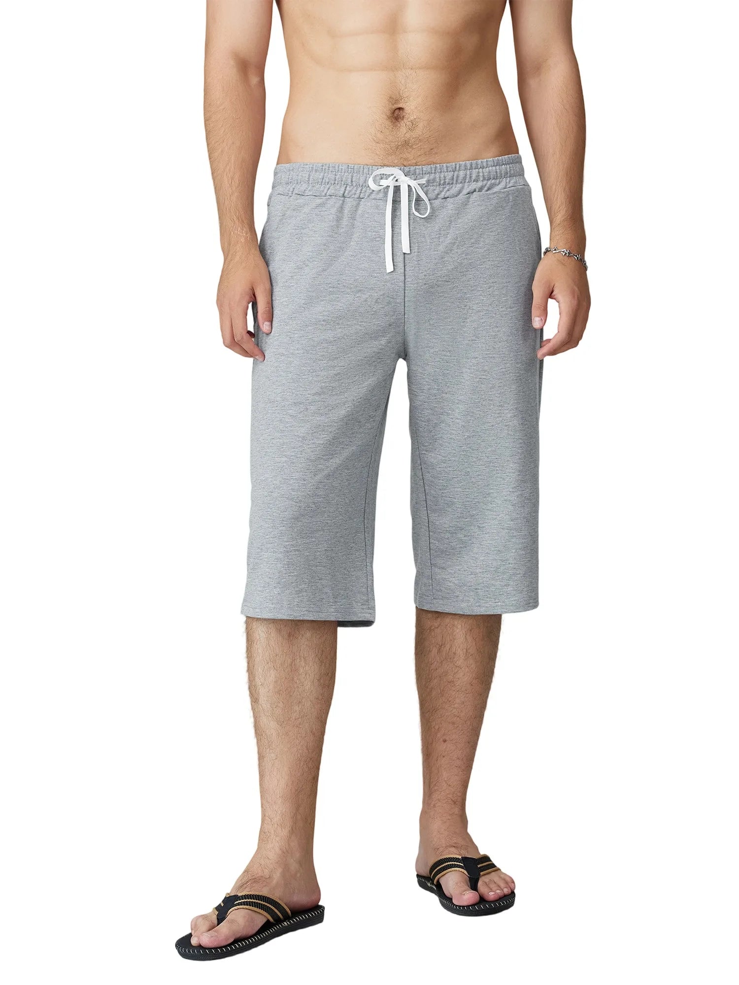 Men s Knee-Length Shorts with Elastic Waistband and Drawstring Loose Fit Solid Color Hip Hop Style Long Shorts with Pockets