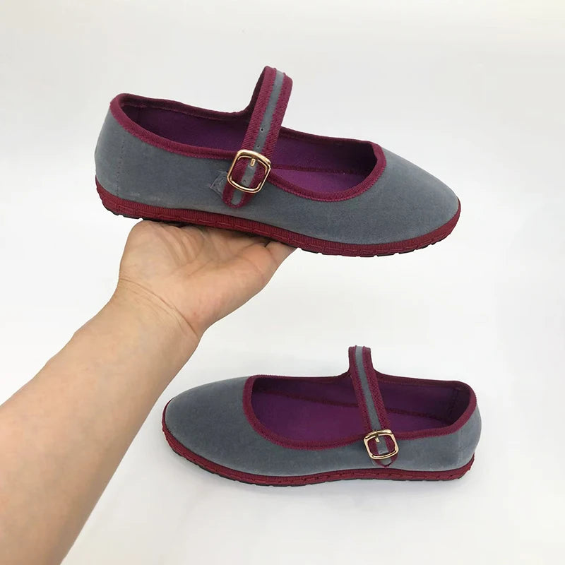 Gray Mary Jeans Flats Shoes Women Round Toe Hand Stitch Velvet Cloth Shoes Ladies Casual Soft Comfortable Ballet Shoes Loafers