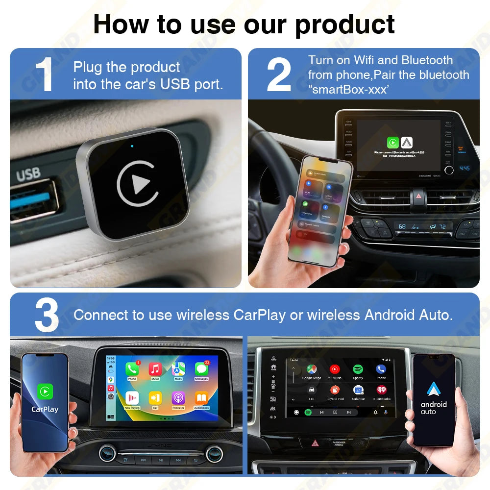 Grandnavi 2-in-1 Wireless CarPlay & Android Auto Adapter (2025 Mini USB Dongle)