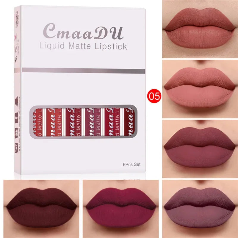 6 Colors/Set Fashion Matte Lip Gloss Sets Natural Moisturize Waterproof Lasting Velvet Sexy Red Liquid Lipstick Beauty Cosmetic