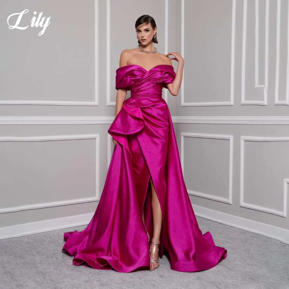 Lily Red Elegant Prom Gown V-Neck Off the Shoulder Party Dress for Woman Satin Pleating Side Split Evening Dresses Customized