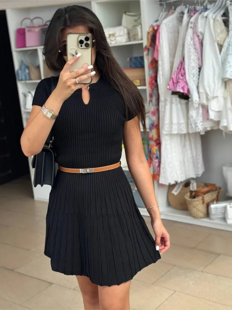 Ribbed Knitting A-line Short Dress Chic Elegant Slim Summer Dress 2025 Short Sleeve Round Neck Fashion New Dresses Vestidos