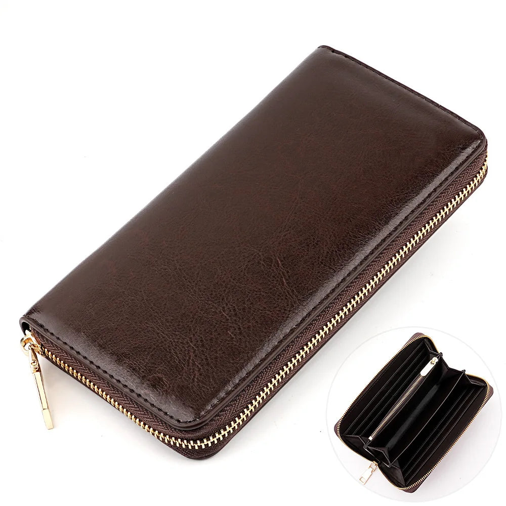 New Oil Waxed Cowhide Women's Zipper Wallet Long Genuine Leather Large Capacity Handbag Japan Style