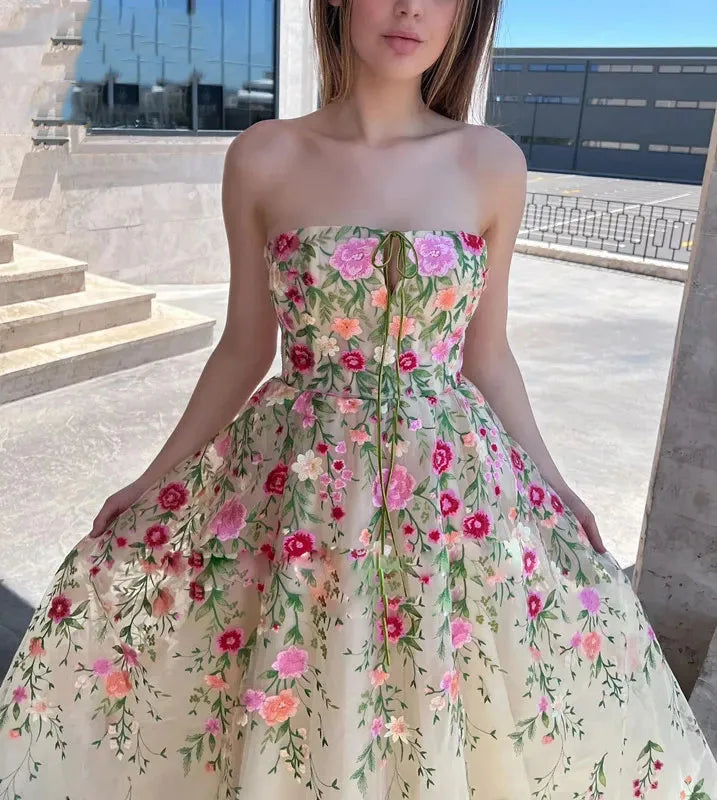Flower Lace Graduation Party Dress Sexy Strapless Tea Long A-Line Celebrity Prom Gown Special Event Vestidos De Gala Customized