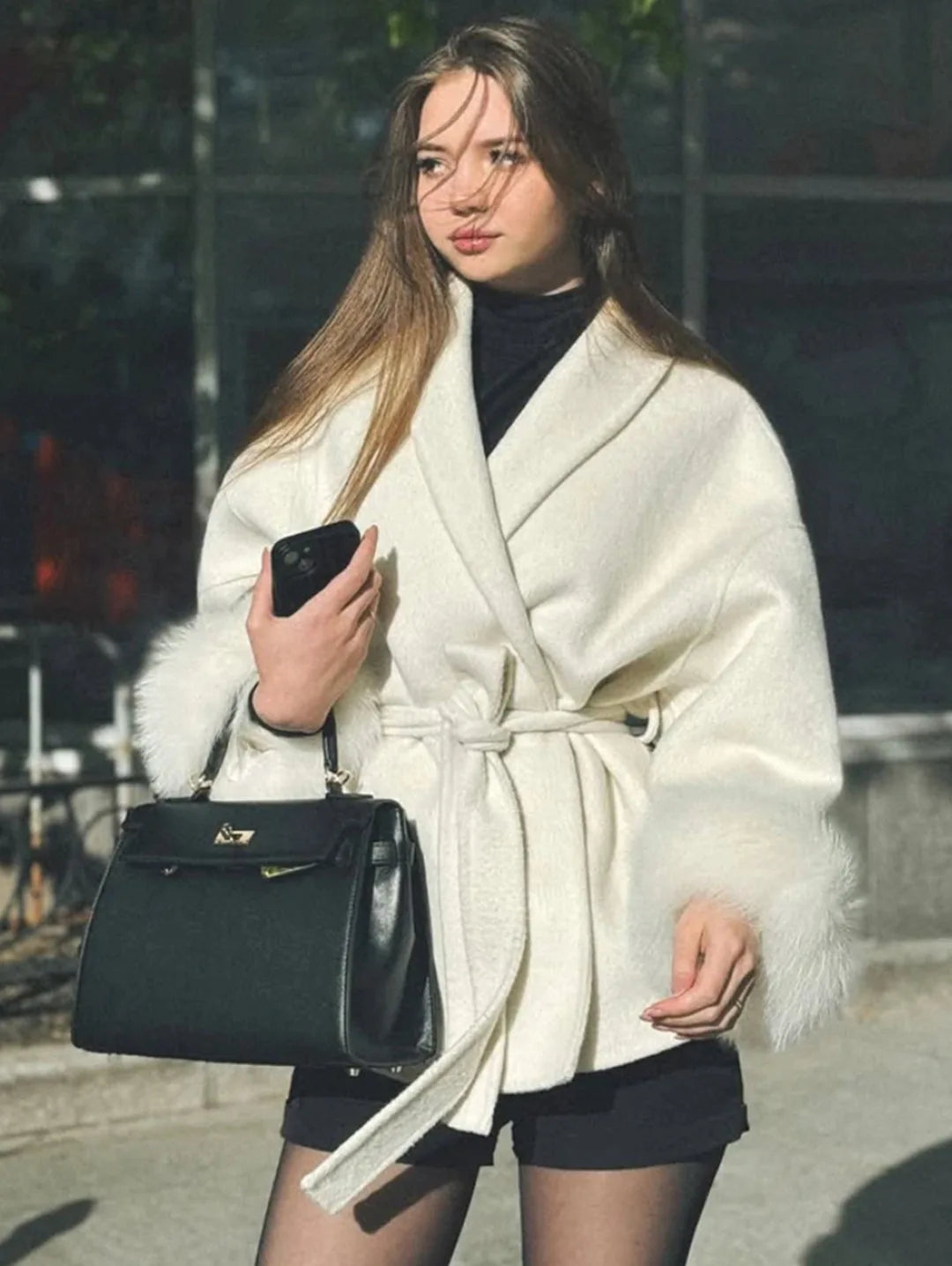 Women’s Belted Tweed Coat with Plush Lapel & Faux-Fur Sleeves — Vintage Street Outerwear (Autumn/Winter 2025)