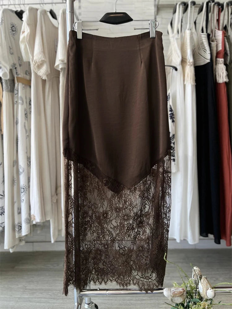 Trendix Women Patchwork Lace Skirts 2025 New High Waist Slim Hollow Out Maxi Skirts Autumn Brown Fashion Party Club Boho Skirt
