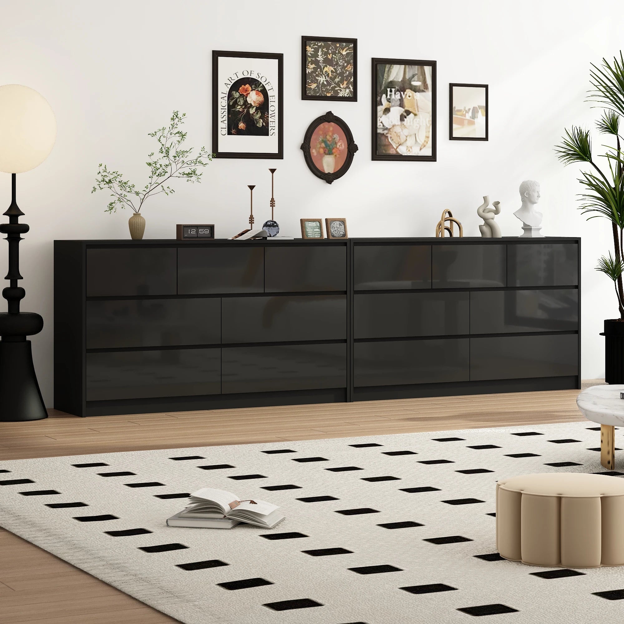 7 Drawer Dresser for Bedroom, 55 Inch Modern Dresser with High Gloss Drawers, Large Wood Chest of Drawer, White/Black