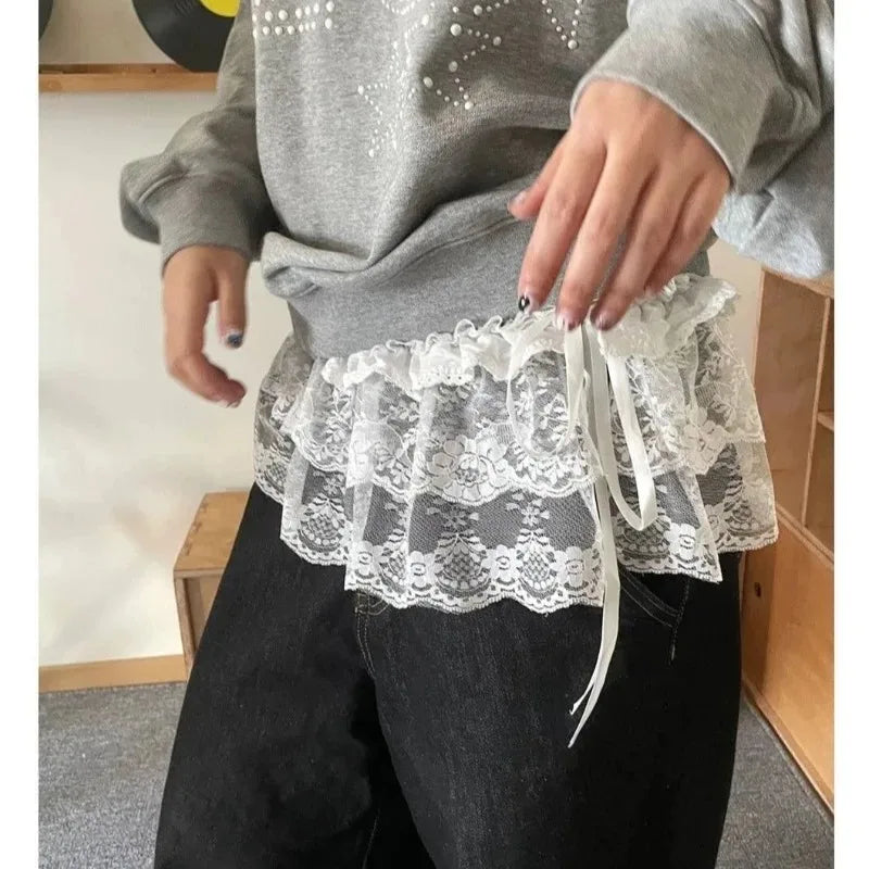 Women Y2K Korean Lace Mini Layered Skirt Streetwear Lace Up Ruffles Harajuku High Waist Pleated Ladies Jupe Skirts Clothes