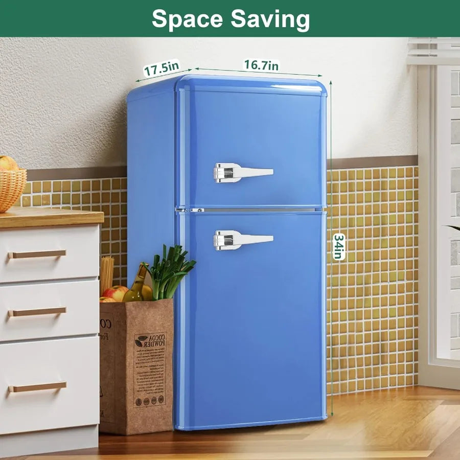 Retro Mini Fridge 3.2 Cu. Ft. Small Refrigerator with Freezer Retro Style with 7-Level Adjustable Thermostat Compact Vintage 2-