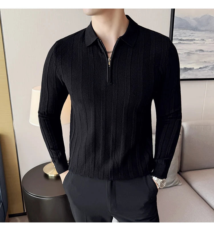 Men's Zip-Front Knit Sweater - White Polo Collar (Black/Burgundy/Cream) M-4XL Soft Touch Autumn Winter Casual Style