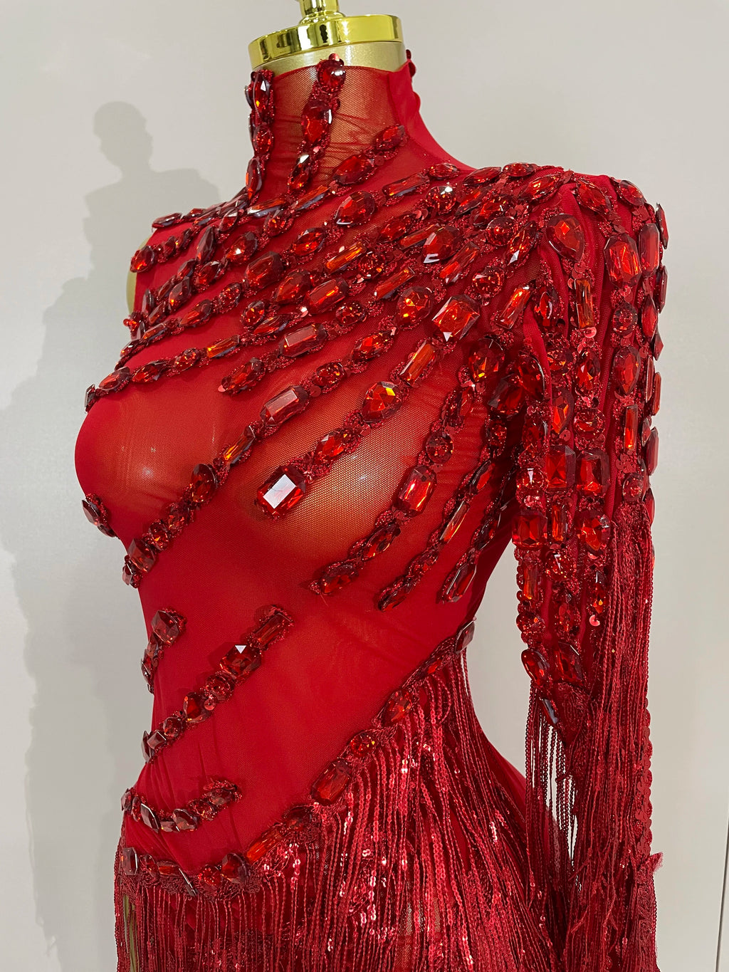 New Stage Costume Sparkly Rhinestones Tassel Sexy See-Through Dress Women One Shoulder Latin Dance Bars Nightclub Party Outfits