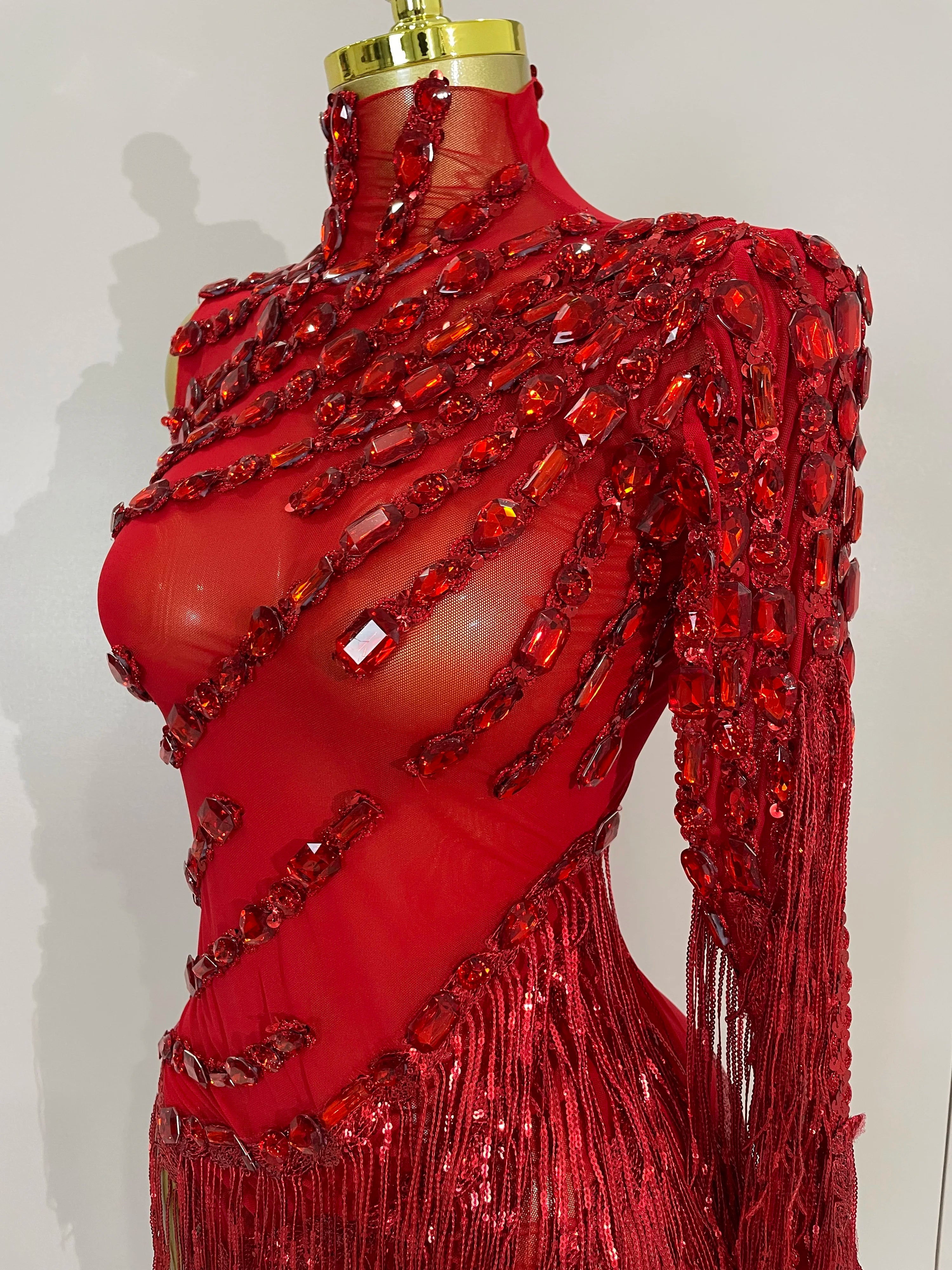 New Stage Costume Sparkly Rhinestones Tassel Sexy See-Through Dress Women One Shoulder Latin Dance Bars Nightclub Party Outfits