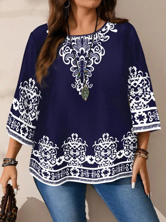 Plus Size Women’s Boho Floral T-Shirt – Navy Blue, 3/4 Sleeves
