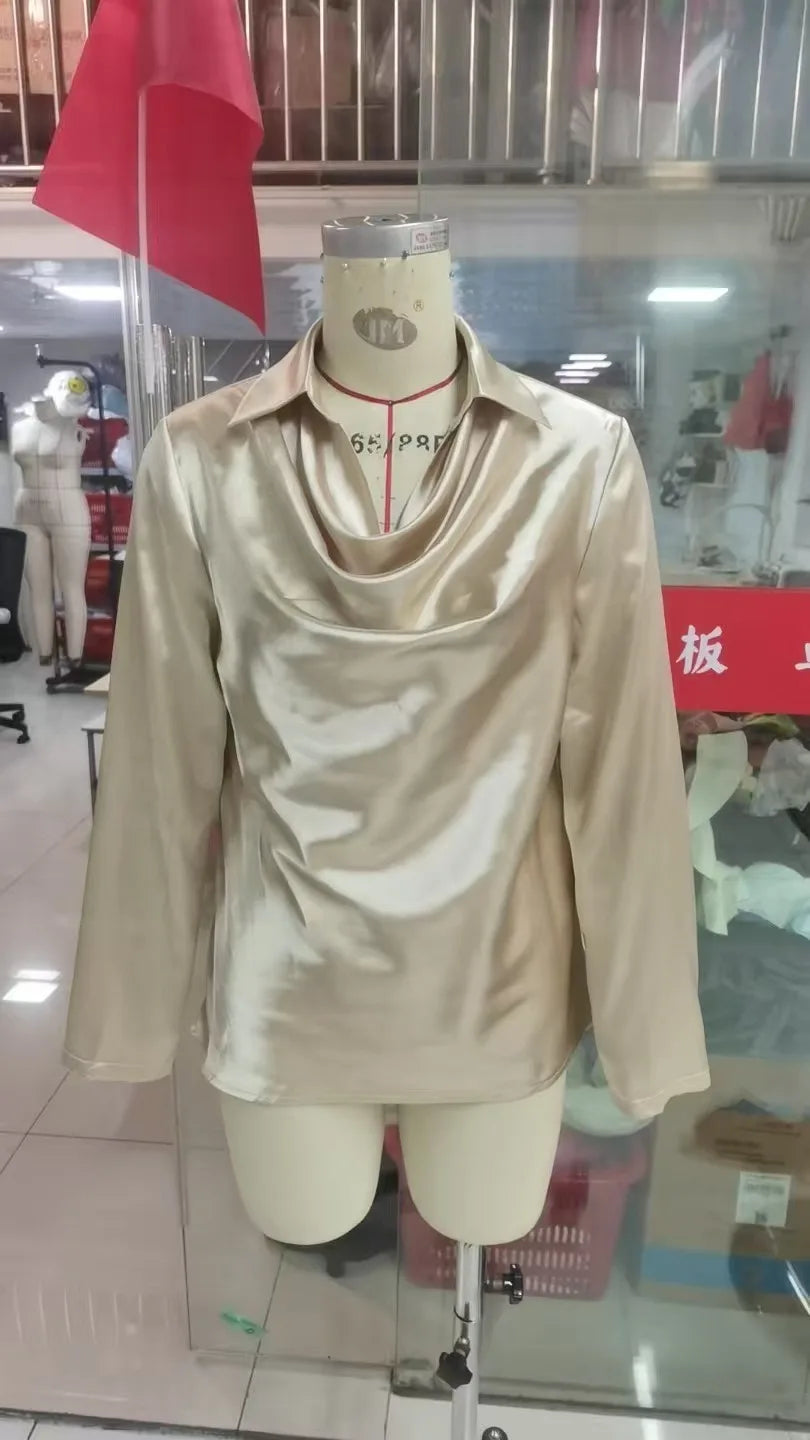 Elegant Women's Satin Shirt Blouse New Print V-neck Swing Neck Long-sleeved Solid Color Loose Shirt Casual Top Office Ladies