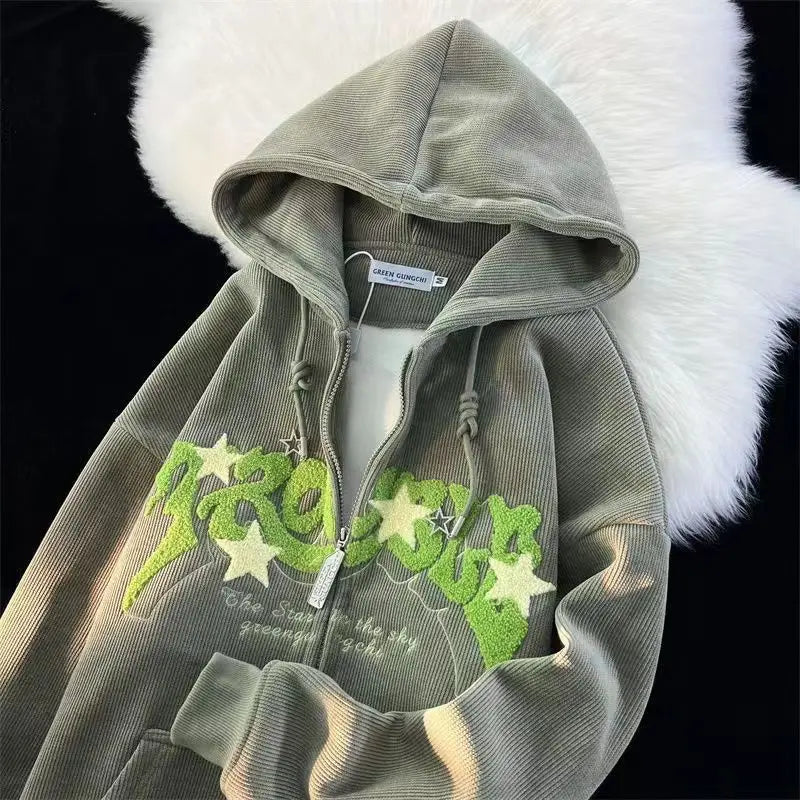 Fashion Embroidery Zip Up Hoodies Women Autumn Long Sleeve Tops Loose Hood Shirt Harajuku Y2K Clothes Female Sweatshirt Jacket