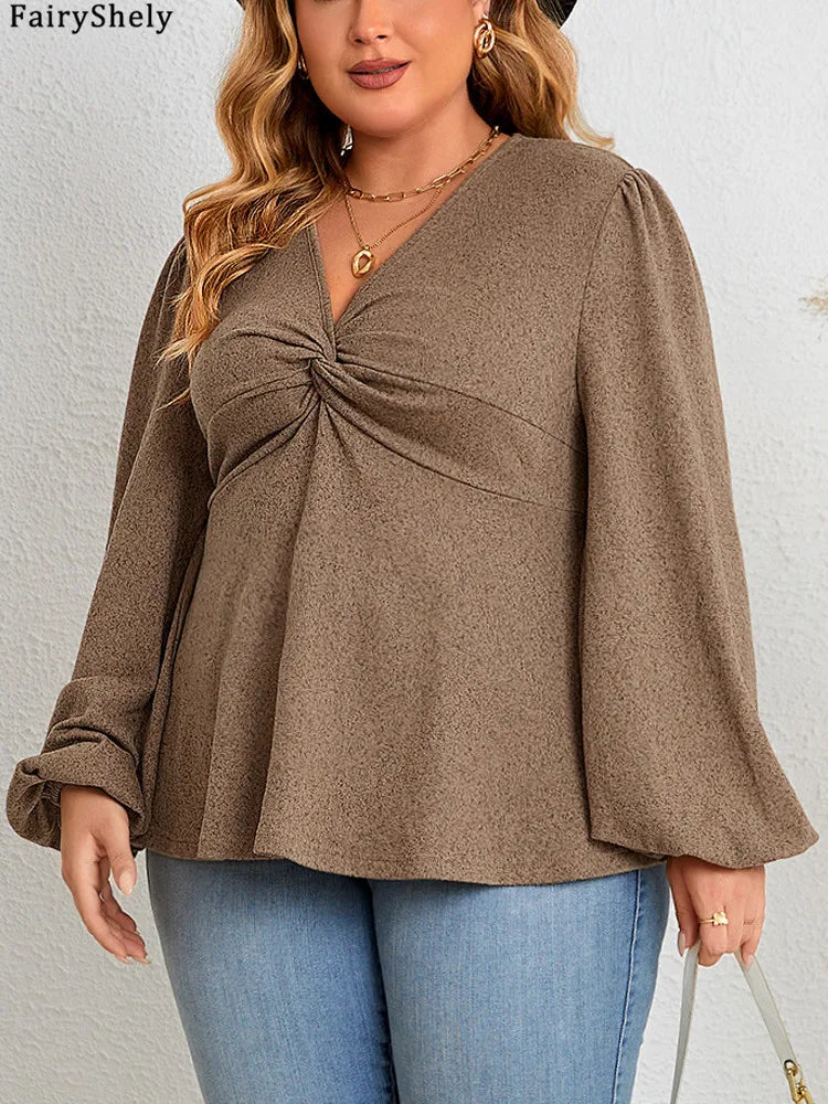 FairyShely Plus Size V-Neck Long Sleeve Top – Brown Casual Pullover for Spring & Autumn