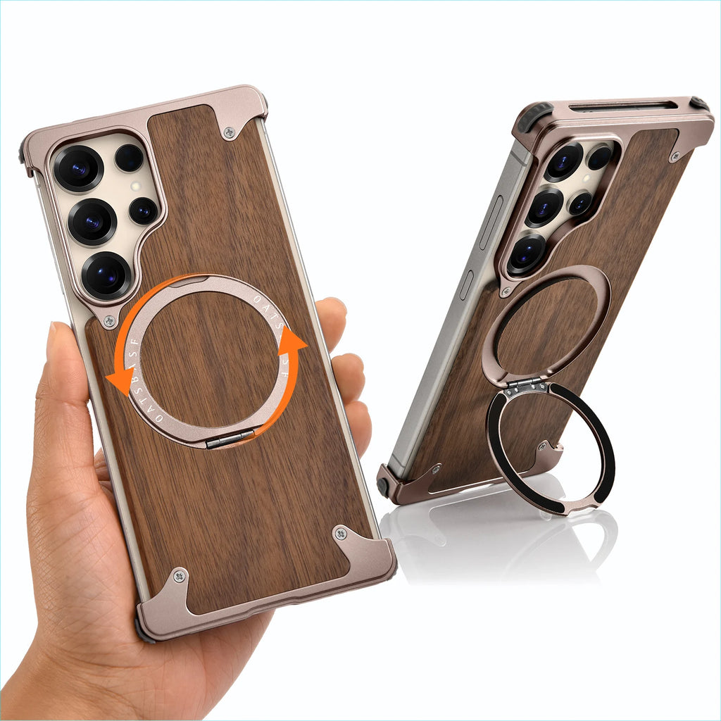 Eary Solid Wood Phone Case for Samsung Galaxy S25 S24 Ultra With Magsafe 360° Rotation Kickstand Frameless Protective Shells