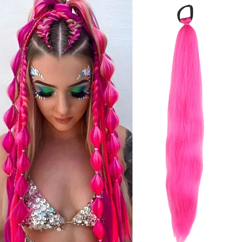 Synthetic Purple Hair Ponytail with Elastic Rubber Band Long Yaki Straight Ponytail for DIY Braiding for Christmas Halloween Use