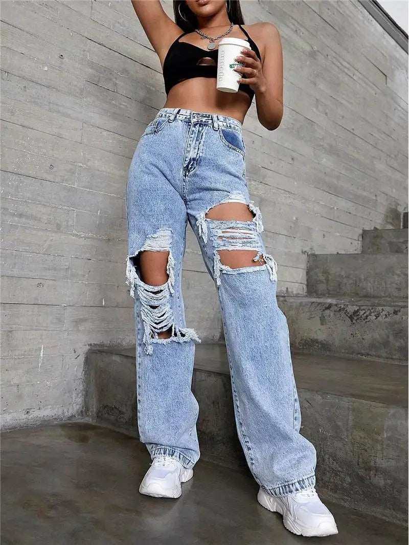 Women’s High-Waist Ripped Jeans – Mid-Stretch Trendy Denim