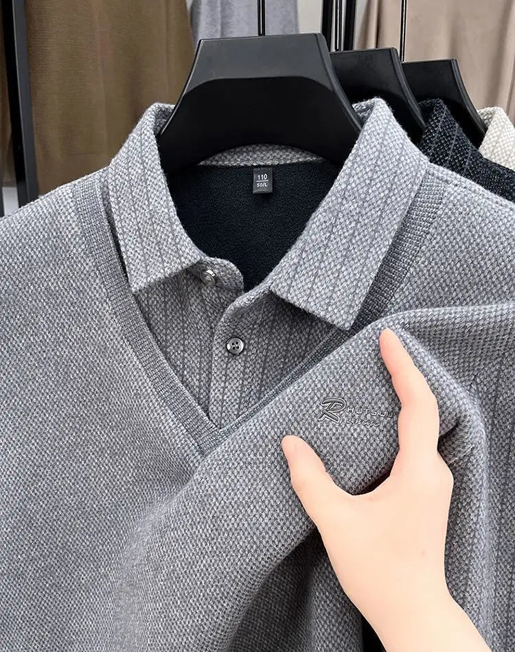 Men's Plush Sweater Autumn Winter Fashion Button Lapel Striped Pullovers Business Casual Fleece Lined Knitted Thickened Sweaters