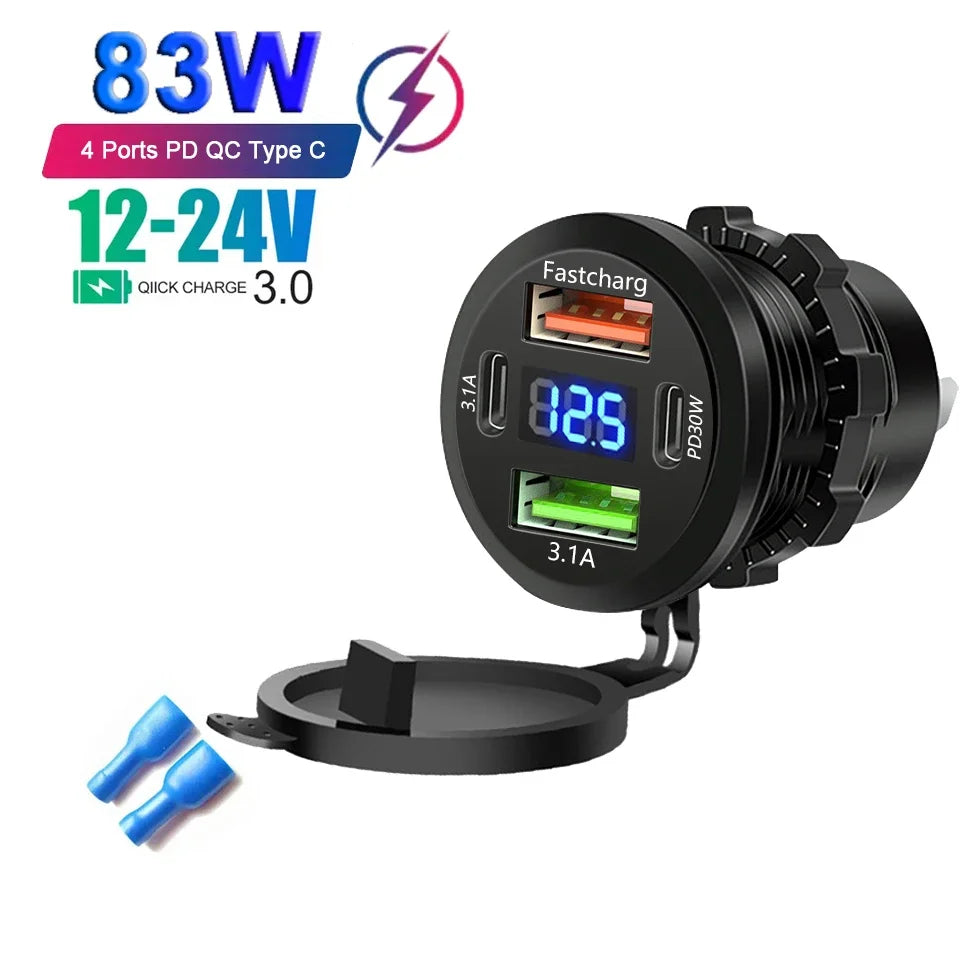 Car Charger Socket Dual Type-C & Dual USB 4Ports Fast Charging Socket Waterproof with Voltmeter 12V/24V For Car Boat Motorcycle