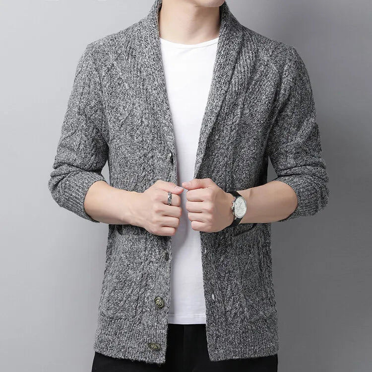 New Men's Knitted Cardigan, Youth Lapels Long Sleeve Coat, Men's Sweater Casual, Camel Black Gray Warm Sweater