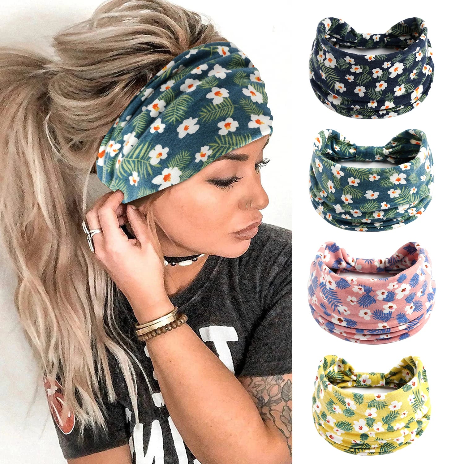 Boho Wide Knot Floral Cotton Headband | Stretch Turban Hair Scarf for Women