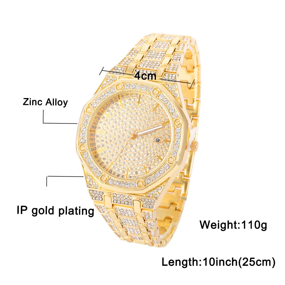 Women’s Full Iced-Out Watch Set | Green Dial Luxury Bling with Cuban & Tennis Chain Bracelets