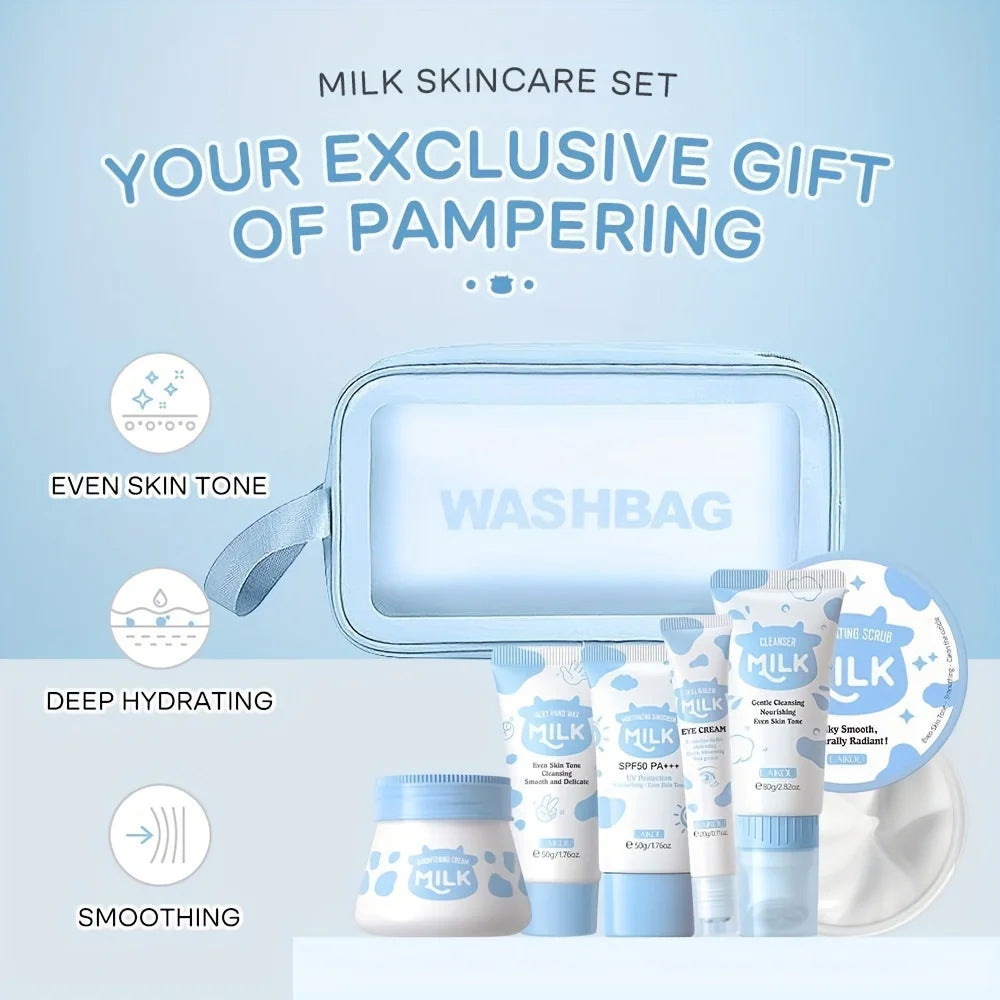 7PCS Milk Skin Care Set Moisturizing Hydration Body Beauty Facial Cleanser Body Scrub Hand Wax Eye Cream Sunscreen Storage Bag