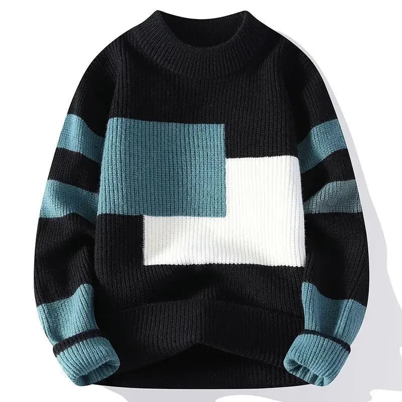 Autumn Winter New Men Sweater Mock Neck Patchwork Contrast Color Trend Youth Fashion Thicken Long Sleeve Pullovers Knitted Tops