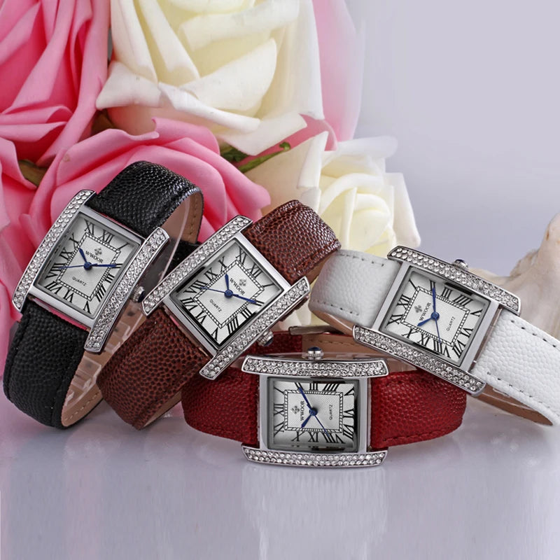 WWOOR Elegant Women's Watches Square Diamond Ladies Watch Waterproof Luxury Brand Leather Quartz Bracelet Watches Zegarek Damski