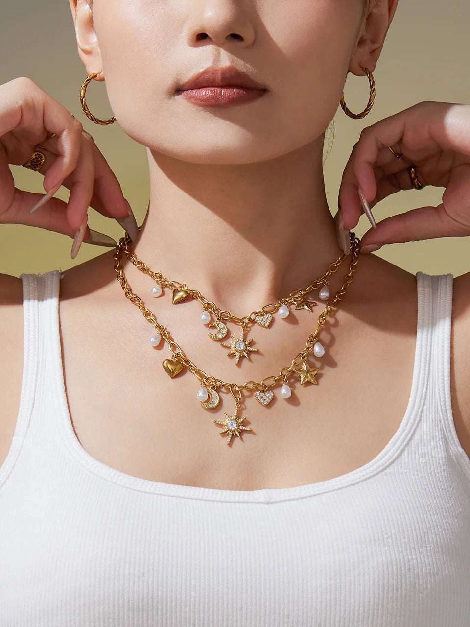 Zircon Heart, Star & Moon Jewelry Set | 18K Gold-Plated Stainless Steel Necklace & Bracelet