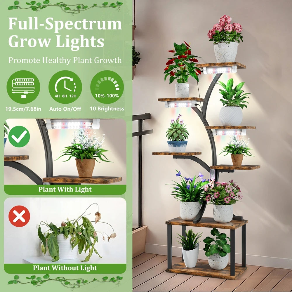 7 Tiered Plant Stand Branch Shape Metal Flower Display Rack with LED Grow Lights