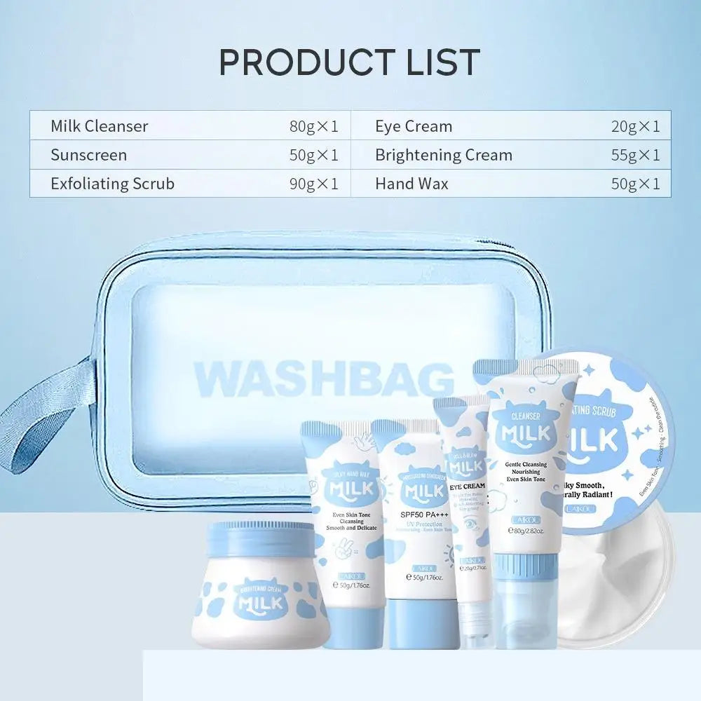 7PCS Milk Skin Care Set Moisturizing Hydration Body Beauty Facial Cleanser Body Scrub Hand Wax Eye Cream Sunscreen Storage Bag