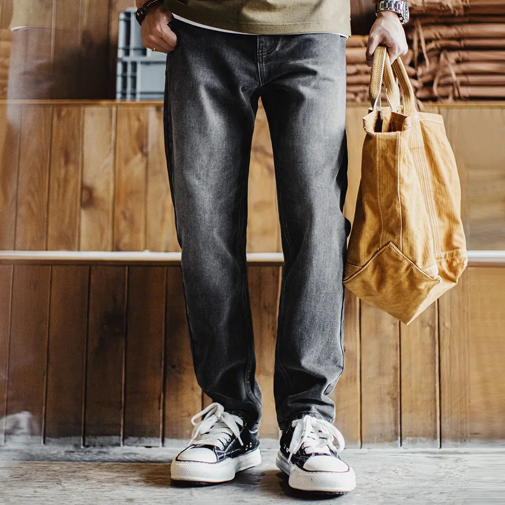 Maden Vintage 13oz Heavyweight Washed Gray Denim Jeans Men's Straight Leg Tapered Pants Casual Trousers for Spring and Fall